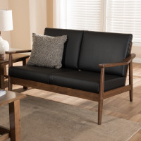 Baxton Studio Venza-Black/Walnut Brown-LS Venza Mid-Century Modern Walnut Wood Black Faux Leather 2-Seater Loveseat